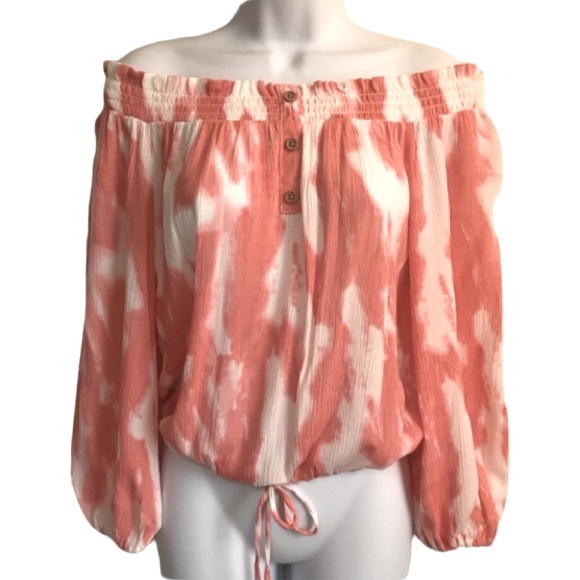 Vanilla Star Tops - 🔴 4/$15 Boutique coral & white tie dye crepey off-shoulder blouson top sz S NWT